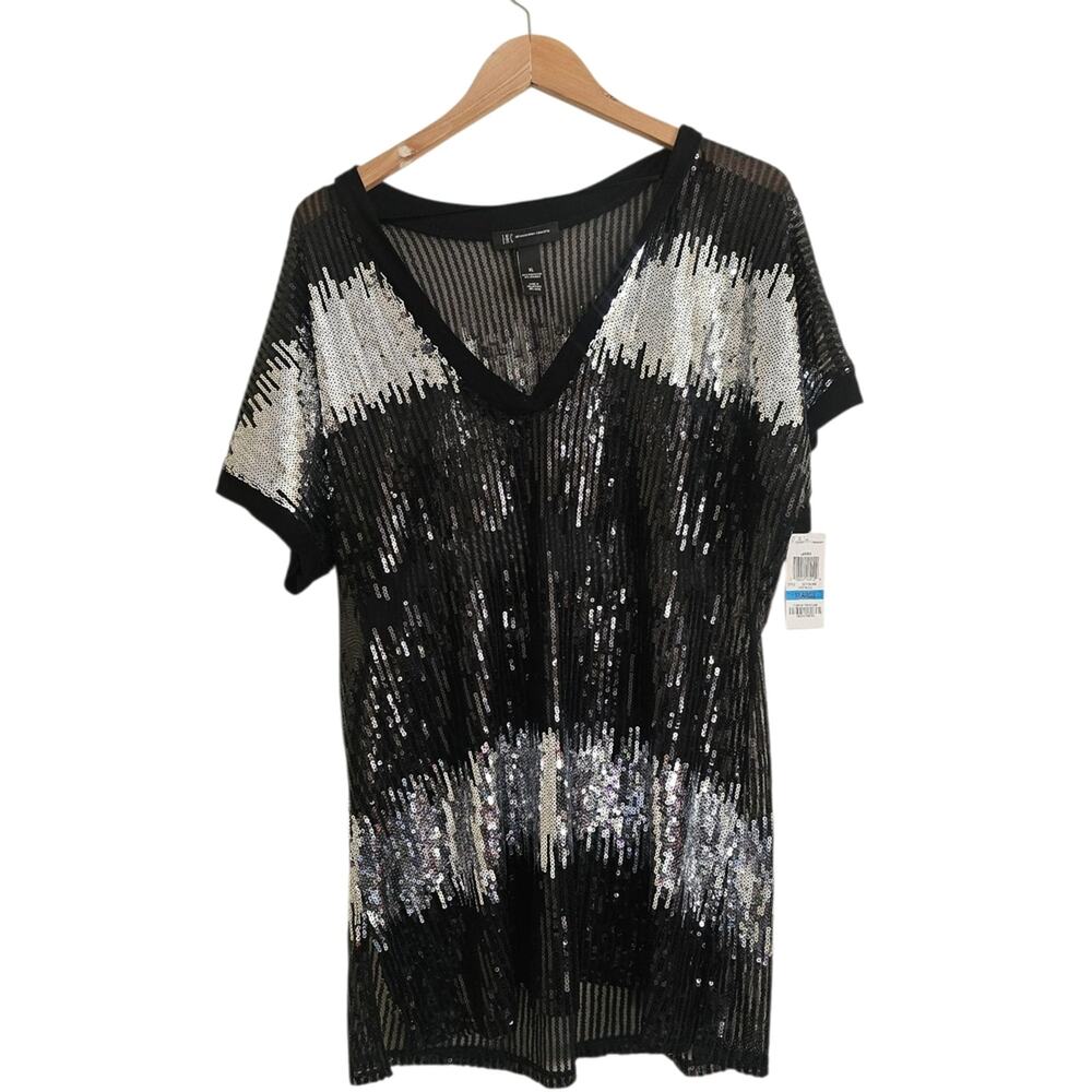 INC International Concepts NWT Black Silver Sequin Sheer V-Neck Tunic‎ Top, XL